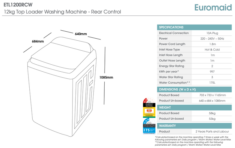 Euromaid ETL1200RCW 12kg White Top Load Washing Machine - Clearance Discount