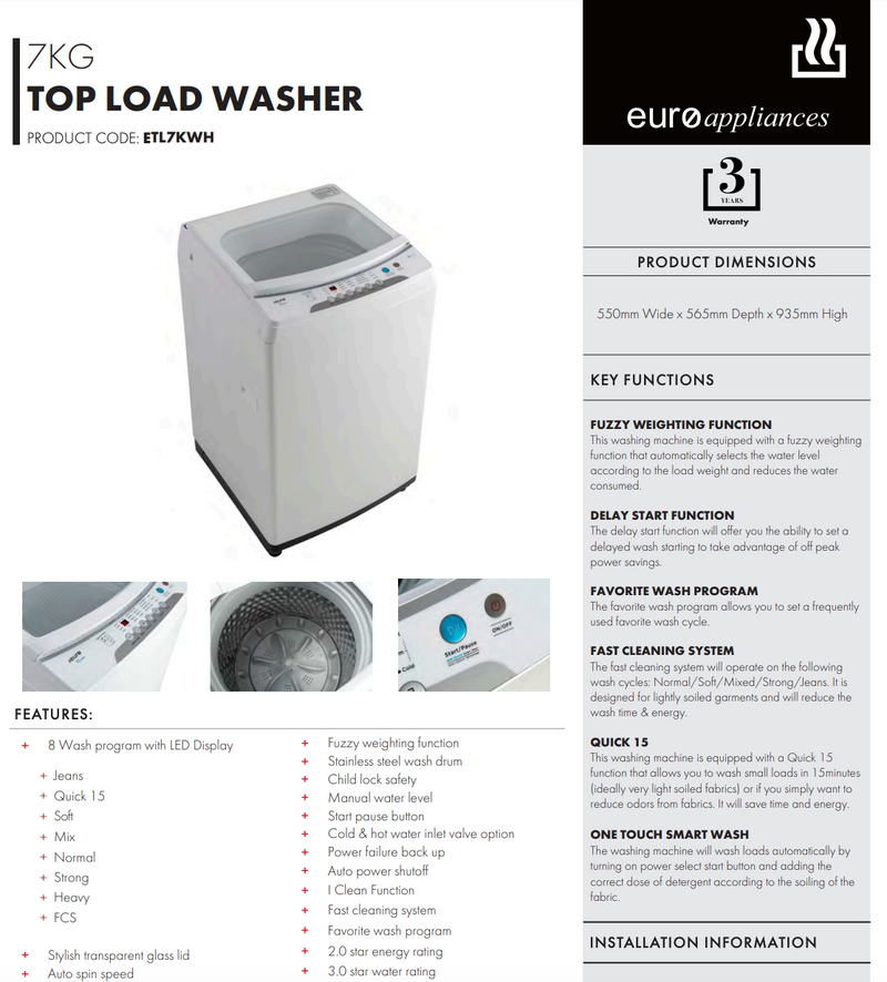 Euro Appliances ETL7KWH 7kg Top Load Washing Machine - Ex Display Discount