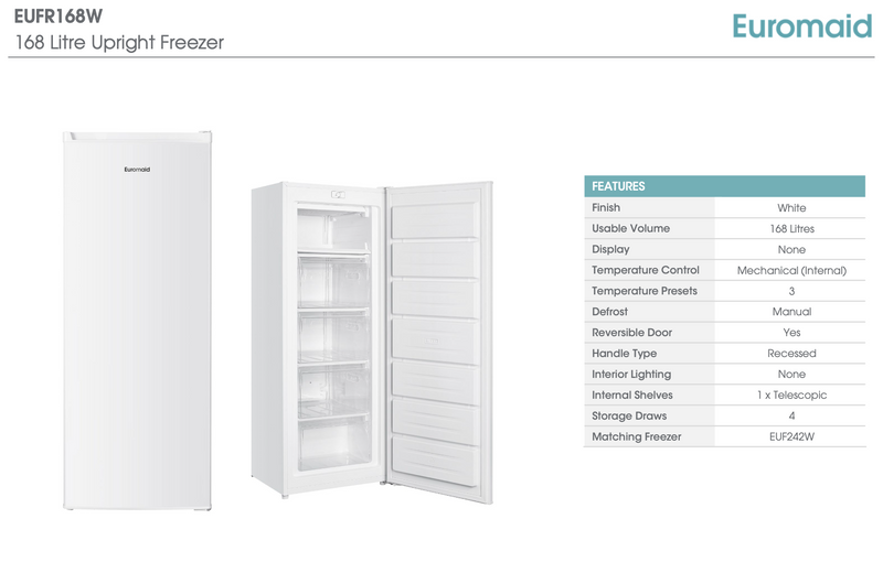 Euromaid EUFR168W 168L Upright Freezer - Online Only