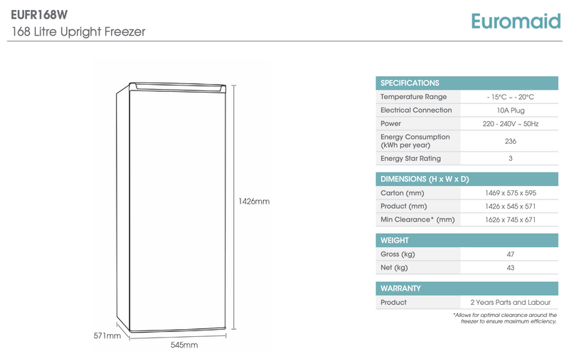 Euromaid EUFR168W 168L Upright Freezer - Clearance Discount