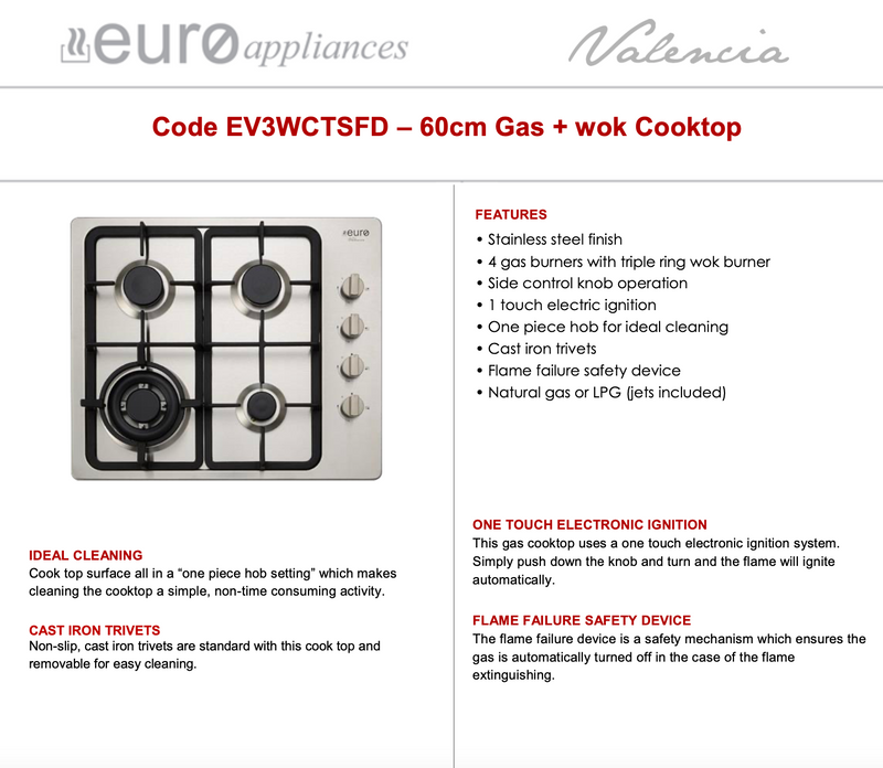 Euro Appliances EV3WCTSFD Stainless Steel Gas Cooktop