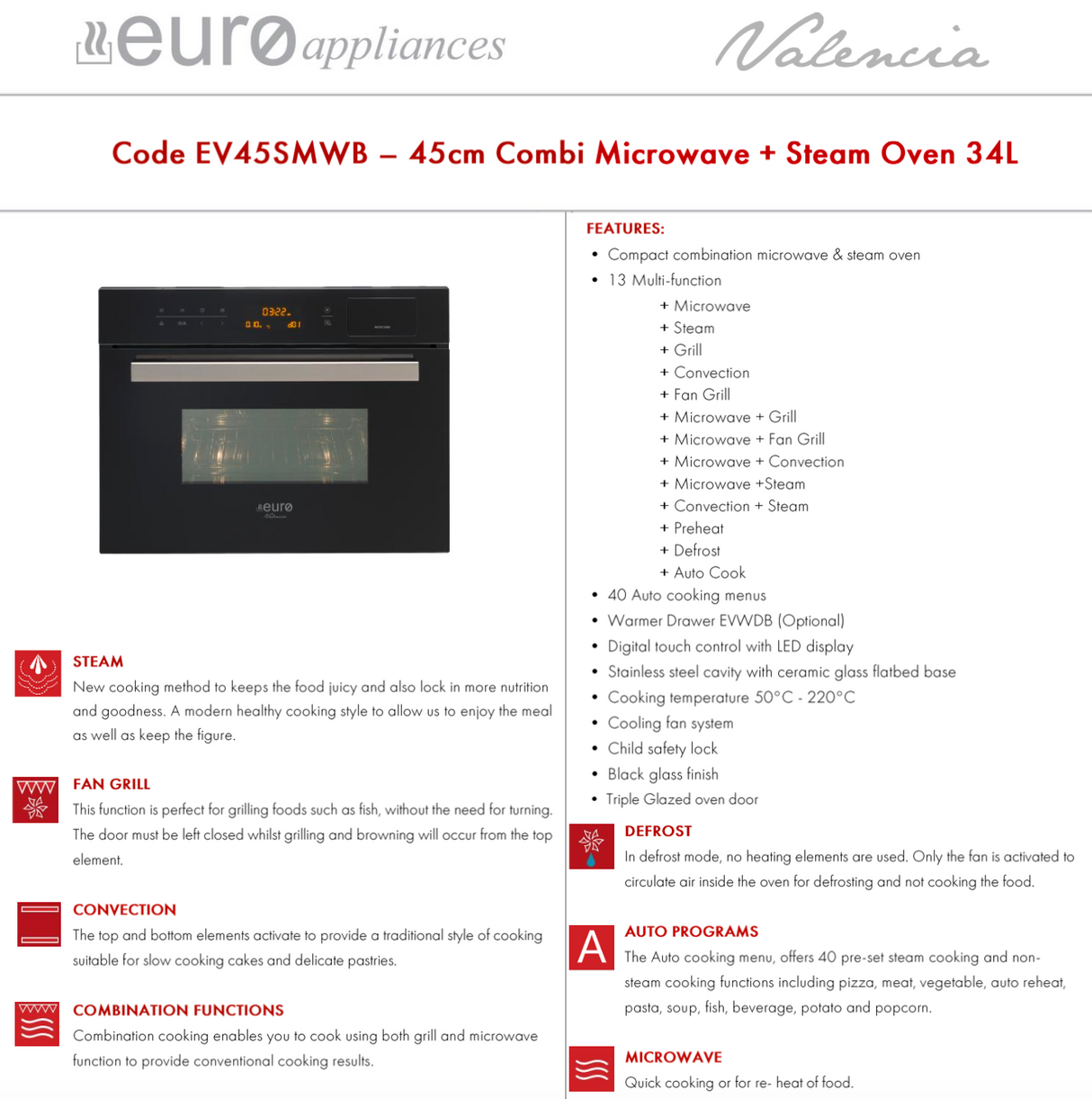 Euro EV45SMWB 45cm Combi Microwave and Steam Oven - Ex Display Discount
