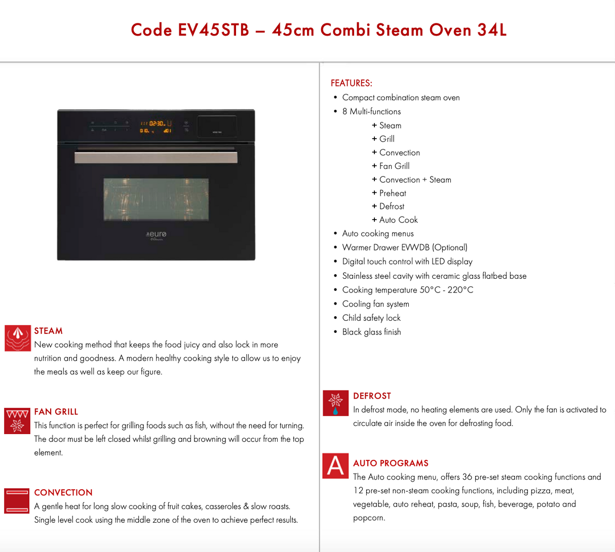Euro Appliances EV45STB Combi Oven + Grill + Steam Oven