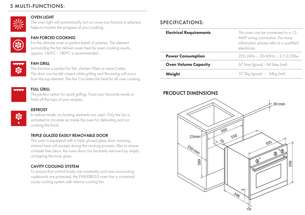 Euro Appliances EV600BSS3 60cm Fan Forced 5 Function Oven Special Or