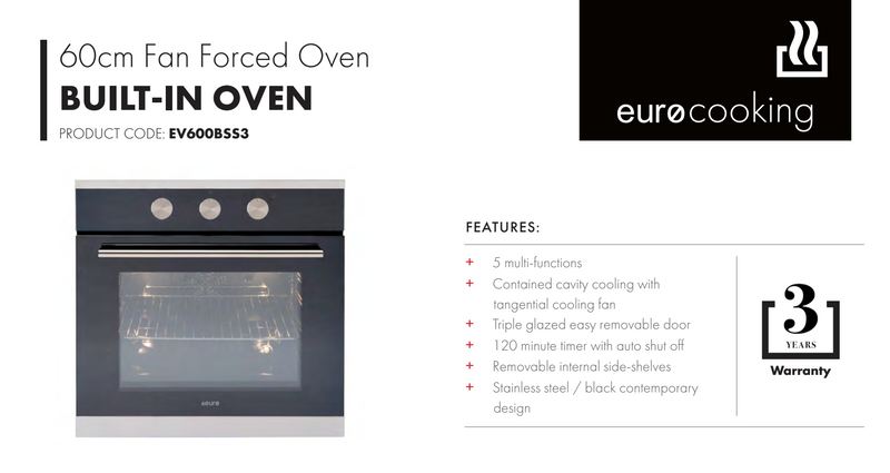 Euro Appliances EV600BSS3 60cm Fan Forced 5 Function Oven - Special Order