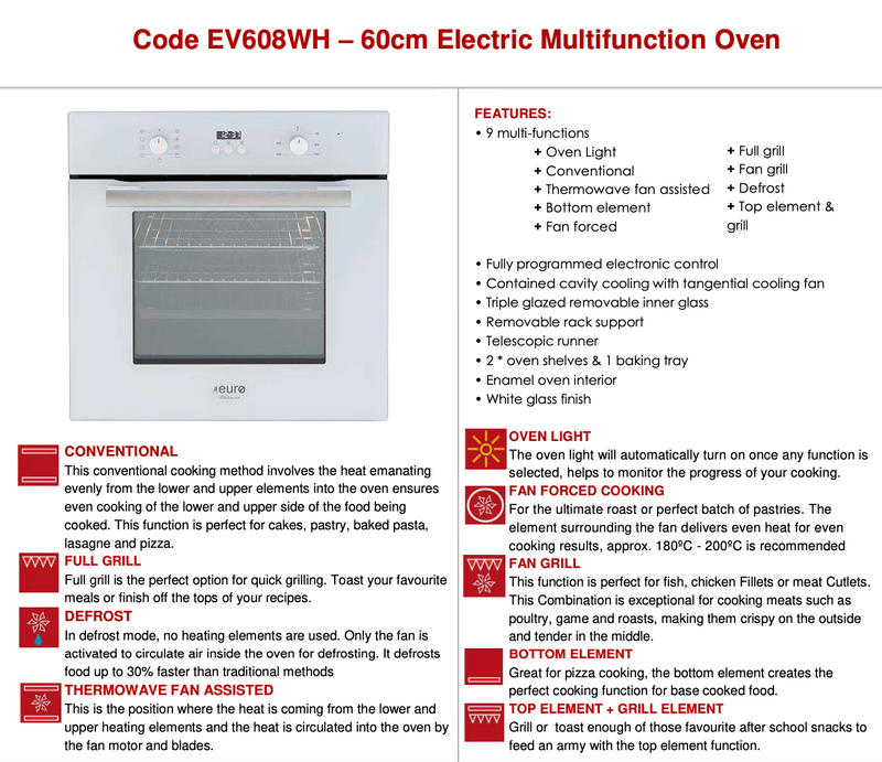 Euro Appliances EV608WH 60cm White Glass Electric Multifunction Oven