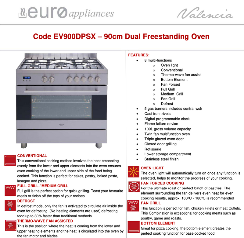 Euro Appliances EV900DPSX 90cm Dual Fuel Freestanding Stove - Special Order