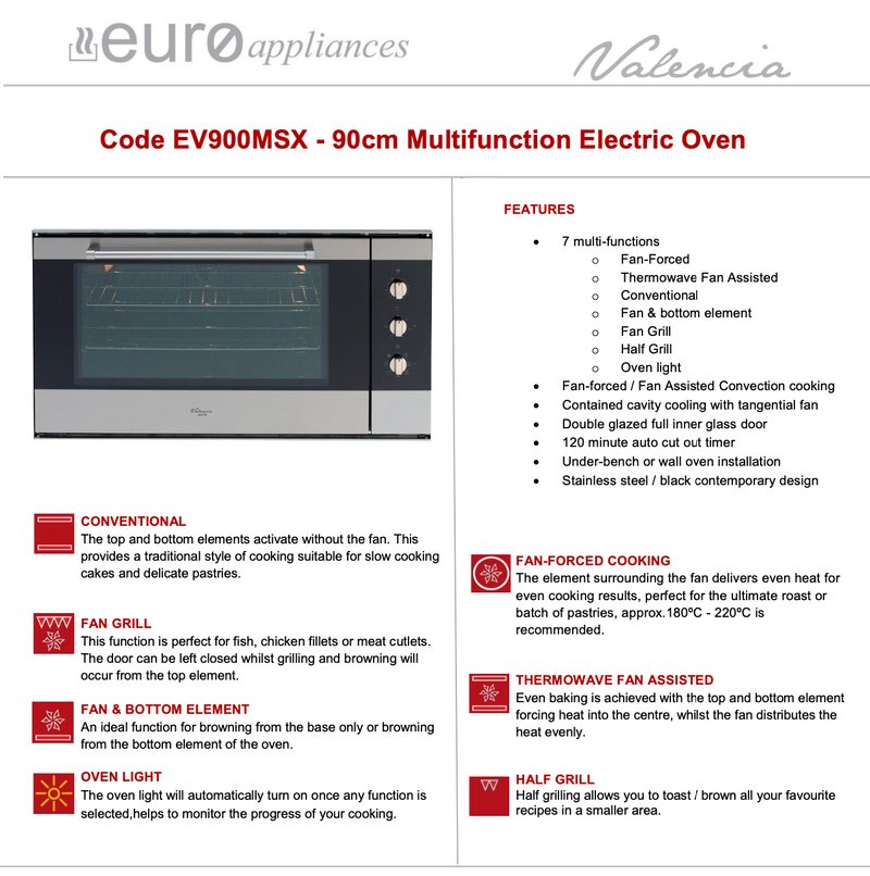 Euro Appliances Premium Series EV900MSX Italian Made 90cm Electric Multi-Function Oven