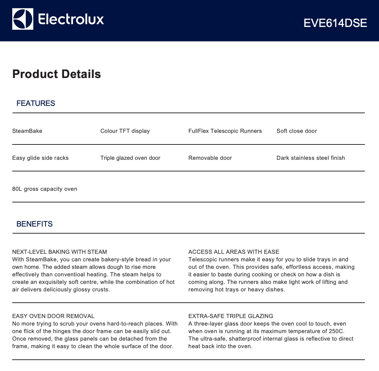 Electrolux EVE614DSE 60cm Dark Steel Electric Oven - Electrolux Factory Seconds