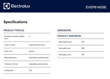 Electrolux Evep614Dse 60Cm Built-In Dark Steel Black Pyrolytic Oven - Seconds Stock Electric Oven