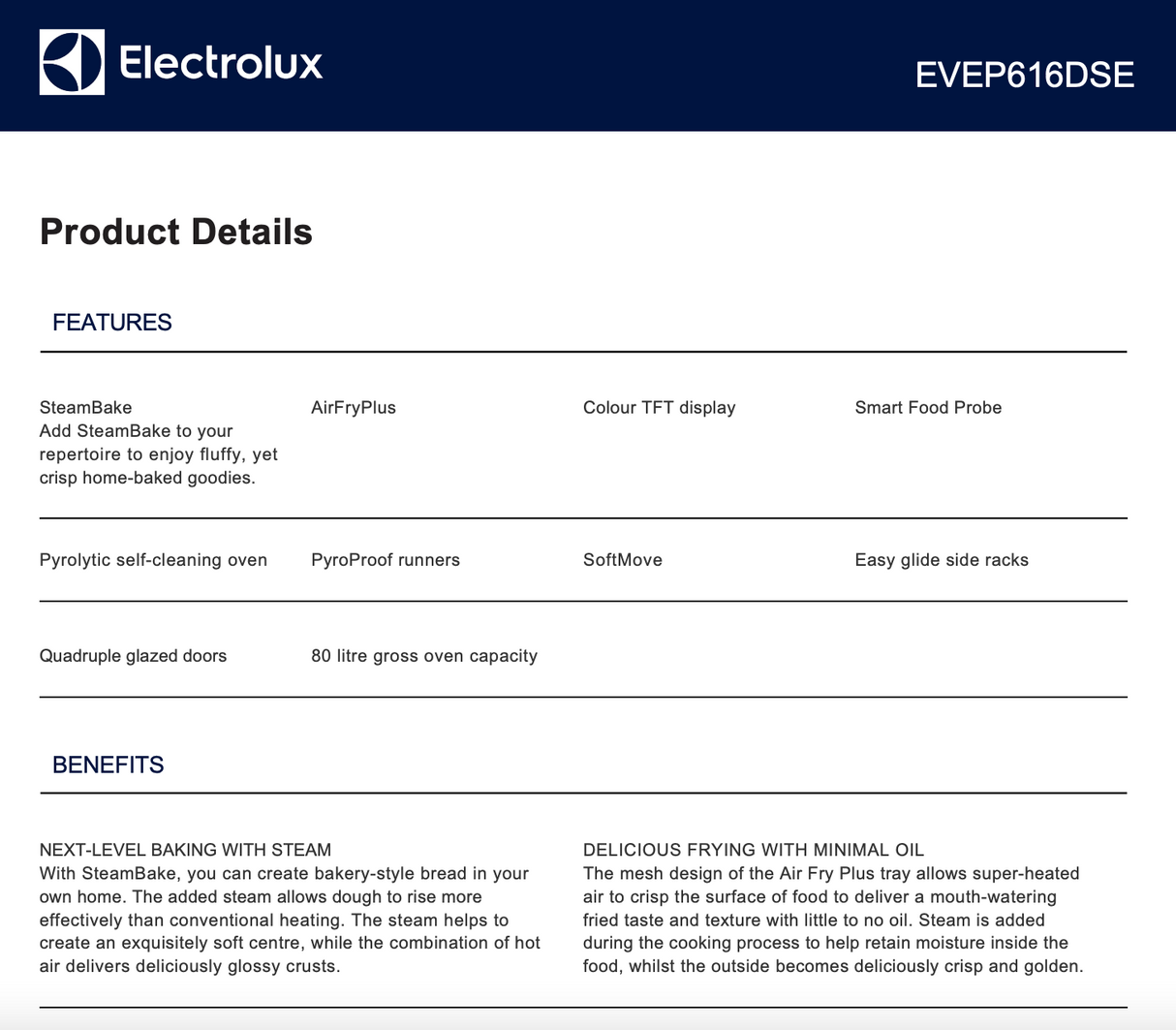 Electrolux EVEP616DSE 60cm Built-In Pyrolytic Steam Oven - Factory Seconds