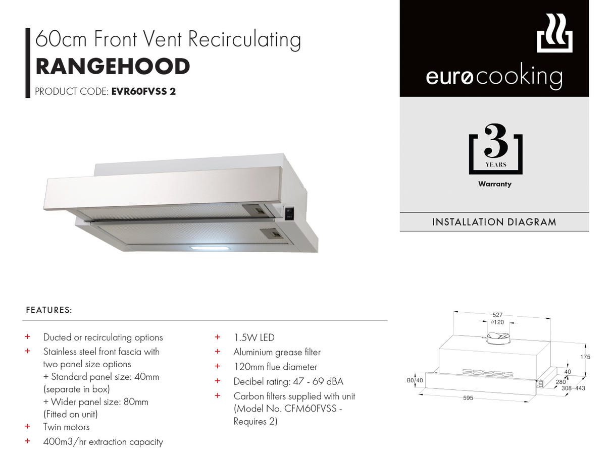 Euro Appliances EVR60FVSS2 60cm Recirculating Slide Out Rangehood