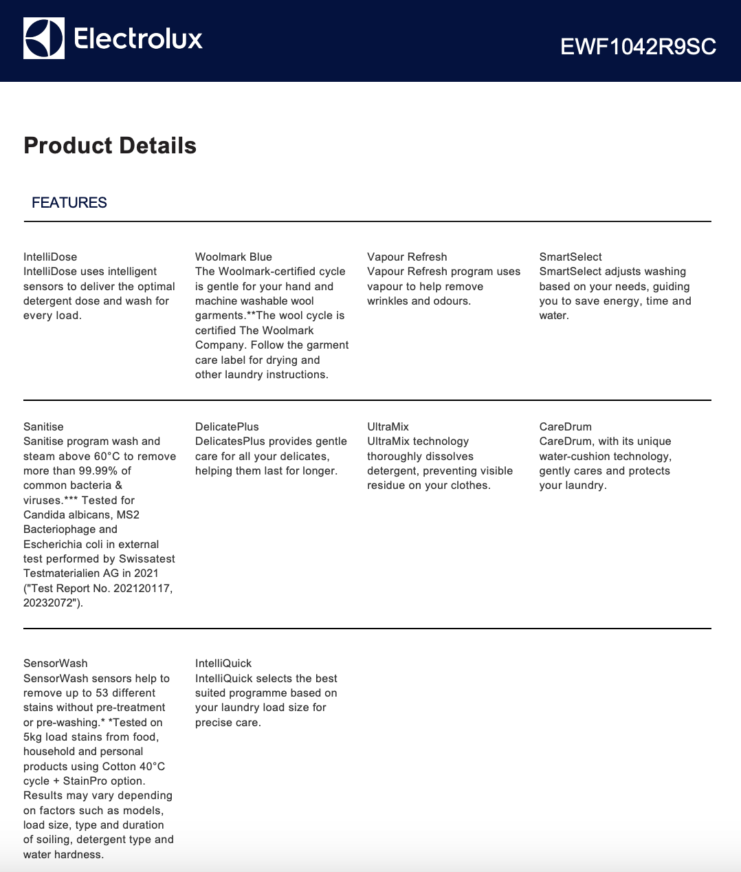 Electrolux EWF1042R9SC 10kg Front Load Washing Machine - Electrolux Factory Seconds