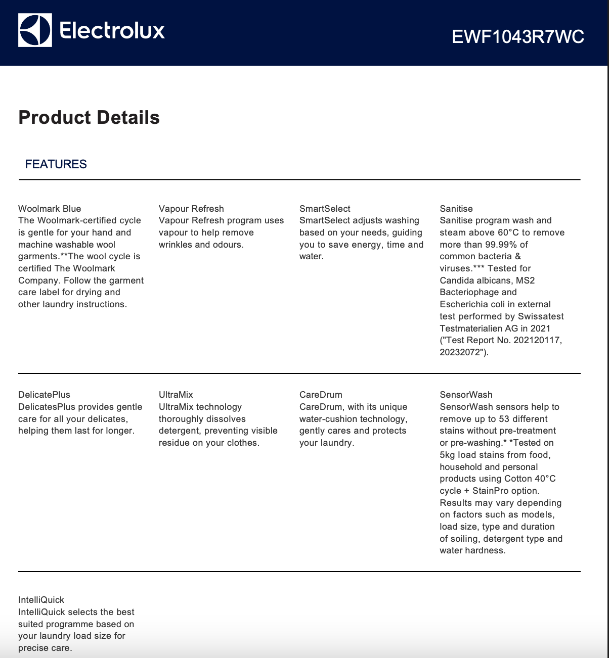 Electrolux EWF1043R7WC 700 Series 10kg Front Load Washing Machine - Electrolux Factory Seconds