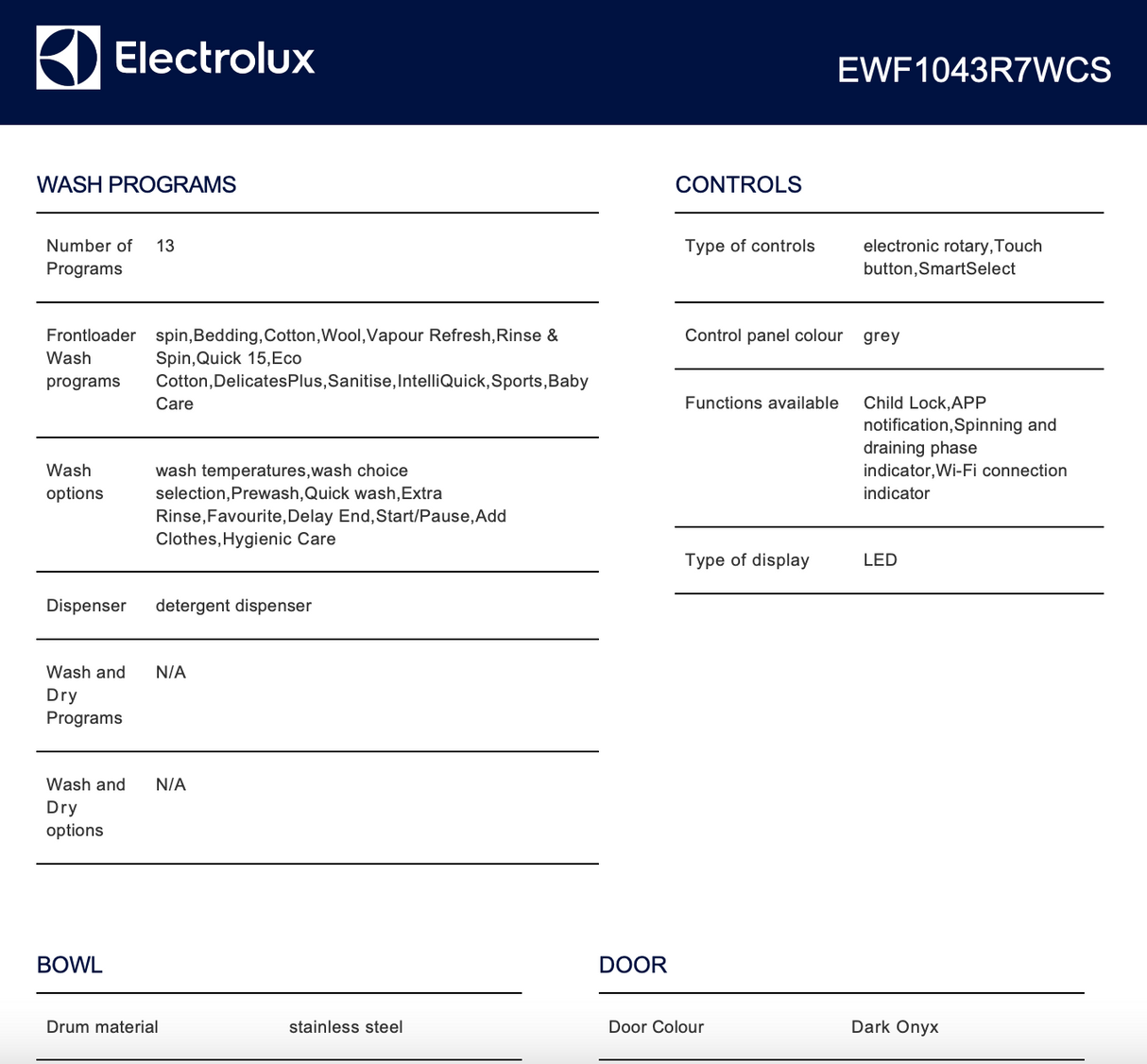 Electrolux EWF1043R7WCS 700 Series 10kg Front Load Washing Machine White - Electrolux Factory Seconds