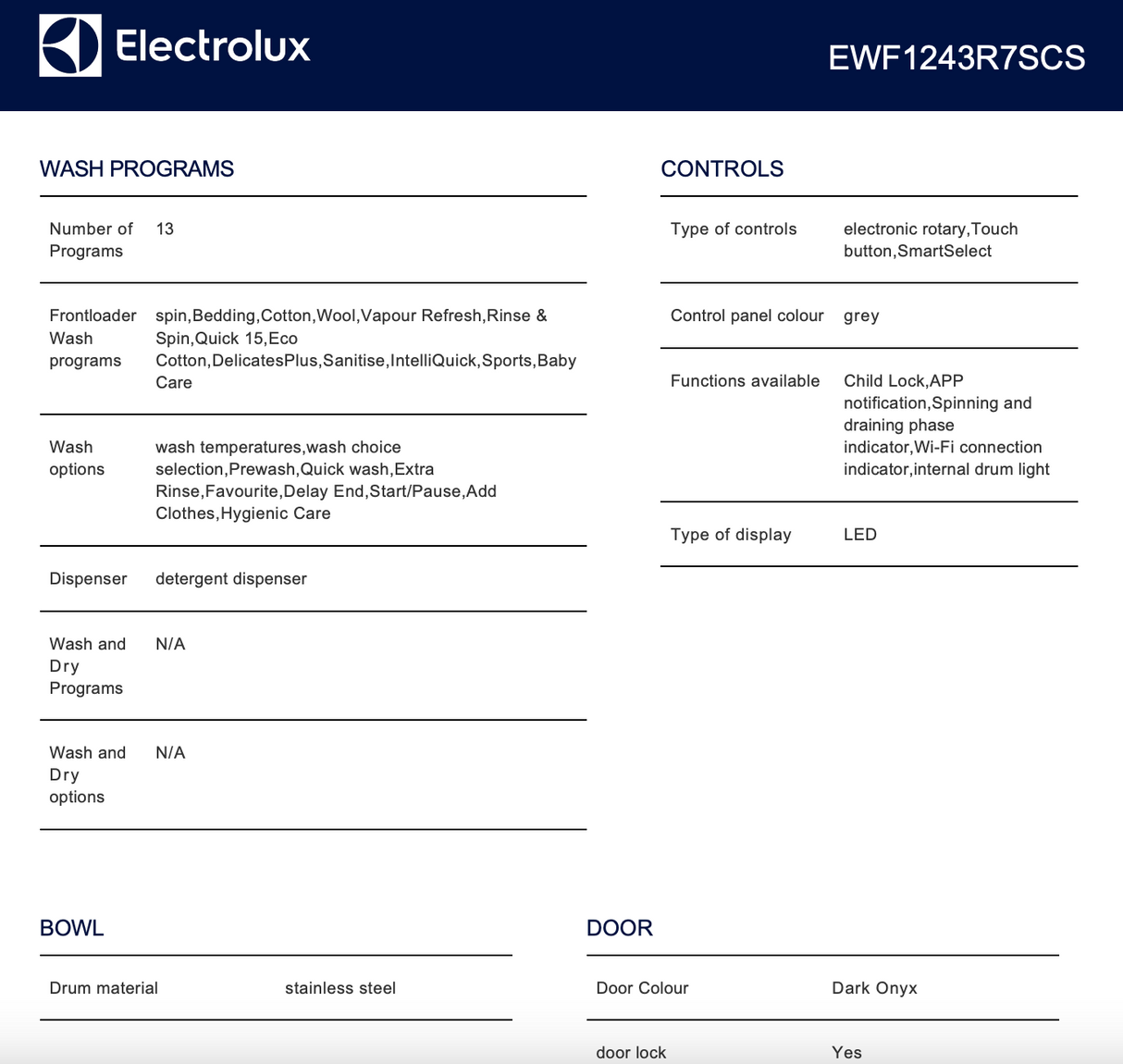 Electrolux EWF1243R7SCS 700 Series 12kg Front Load Washing Machine, Dark Onyx - Electrolux Factory Seconds
