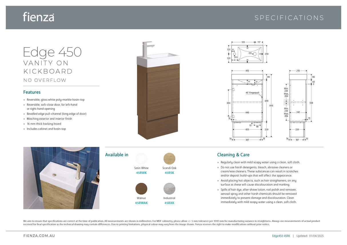 Fienza Edge 45RWAK Walnut 450mm Vanity with Kickboard, No Overflow
