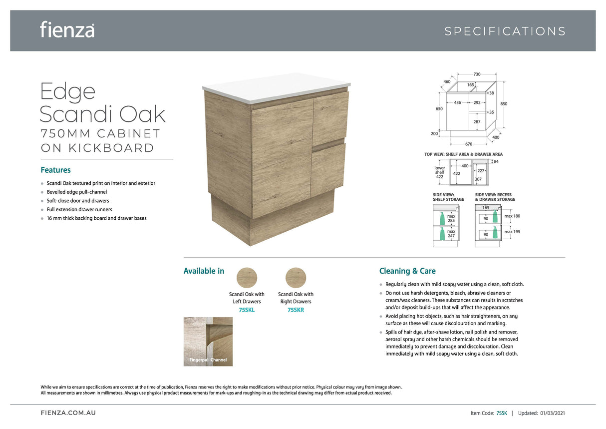 Fienza ROT75SKR Rotondo Edge Scandi Oak 750 Vanity On Kickboard, Right Drawers