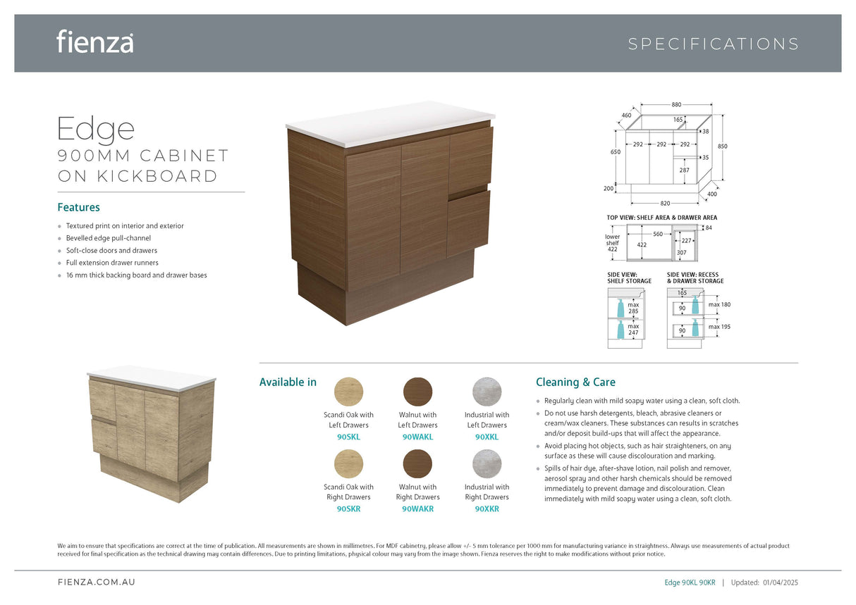 Fienza 90WAKL Edge Walnut 900 Cabinet on Kickboard, Left Hand Drawers, Cabinet Only