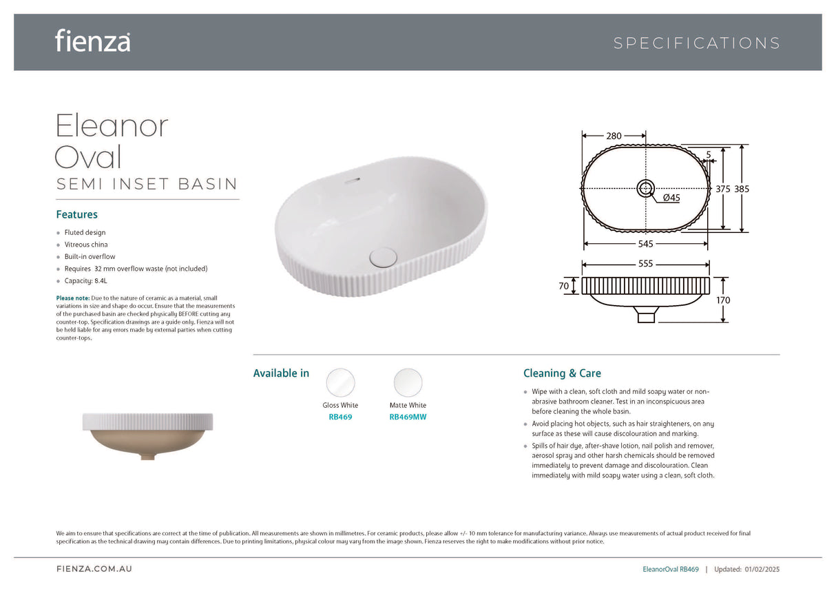 Fienza RB469 Eleanor Oval Semi Inset Basin with Overflow, Gloss White
