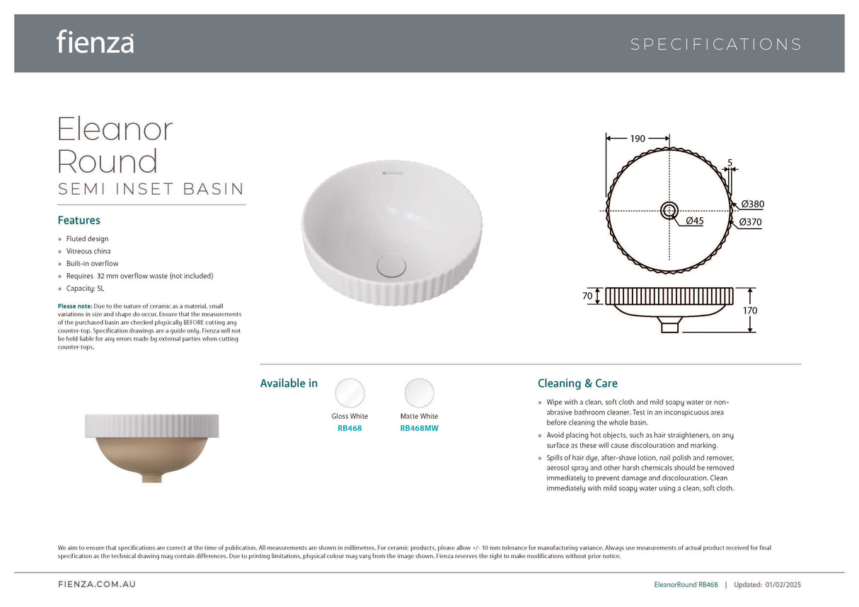 Fienza RB468 Eleanor Round Semi Inset Basin with Overflow, Gloss White
