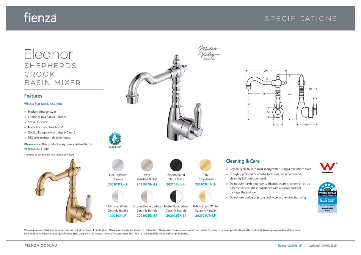 Fienza Eleanor 202103-LF Shepherds Crook Chrome Mixer with White Ceramic Handle