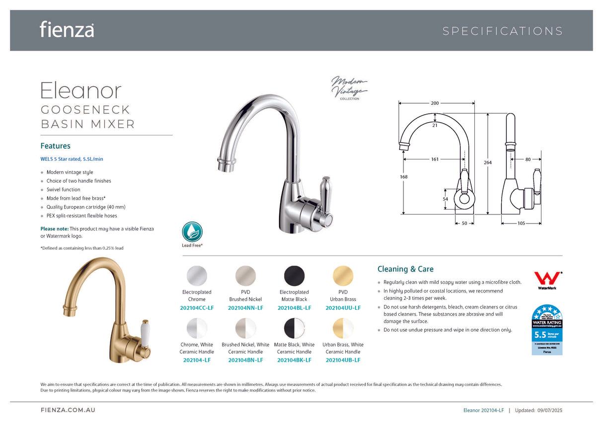 Fienza Eleanor 202104-LF Chrome Gooseneck Mixer with White Ceramic Handle