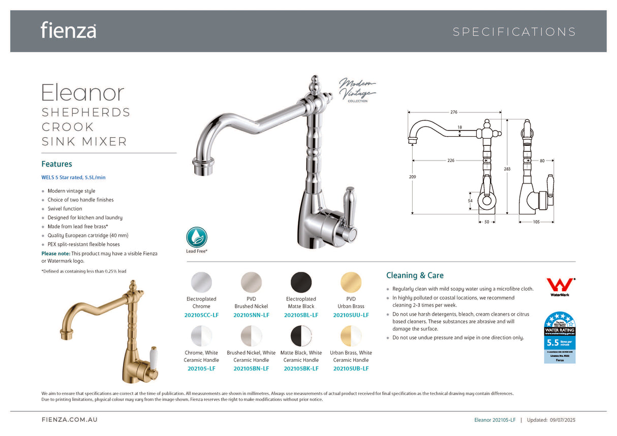 Fienza Eleanor 202105BN-LF Shepherds Crook Brushed Nickel Sink Mixer with White Ceramic Handle