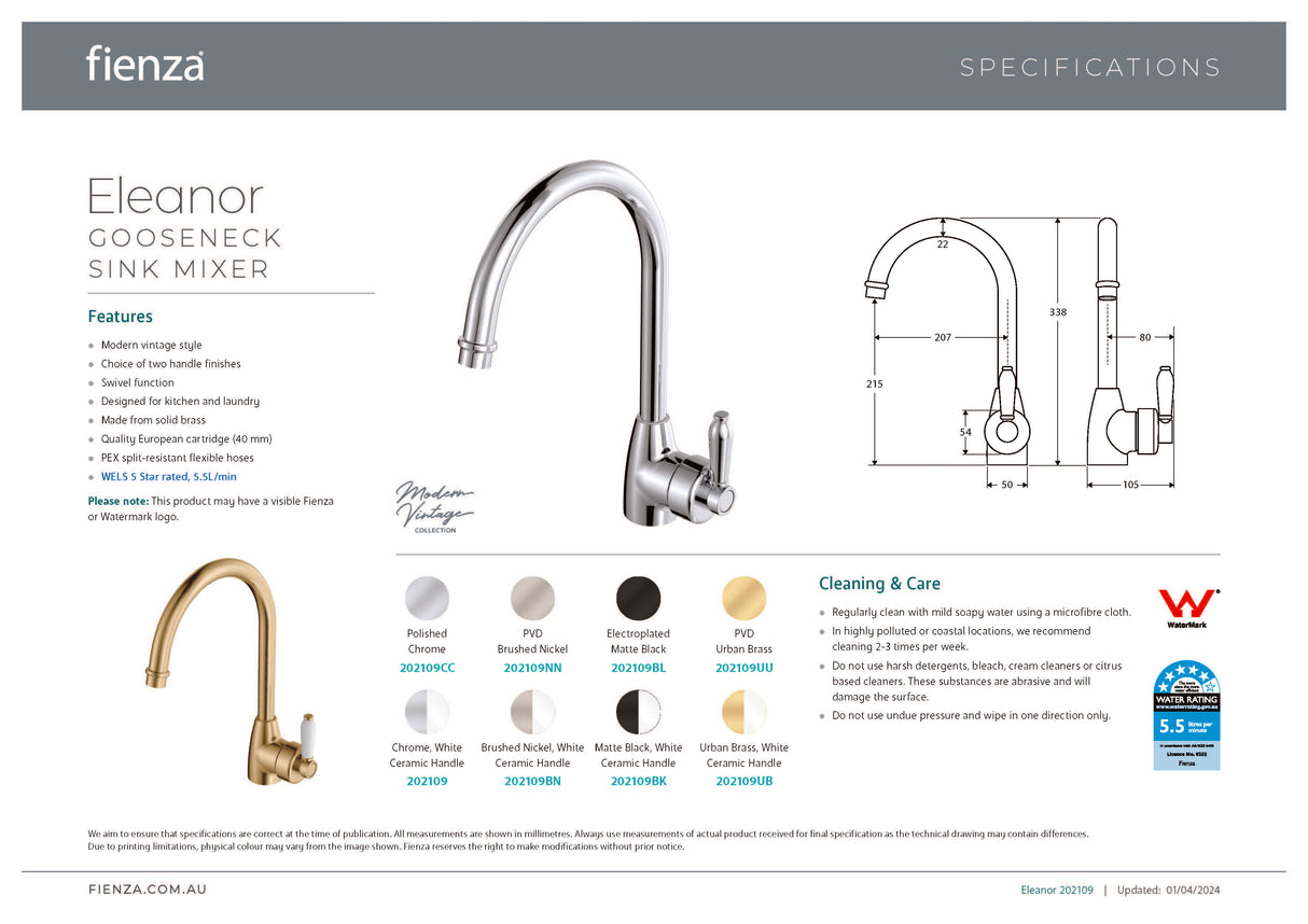 Fienza Eleanor 202109BN Brushed Nickel Gooseneck Mixer with White Ceramic Handle