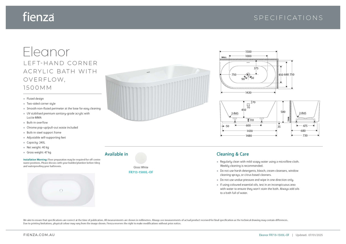 Fienza FR713-1500L-OF Eleanor Fluted Left-Hand Acrylic Corner Bath, 1500mm