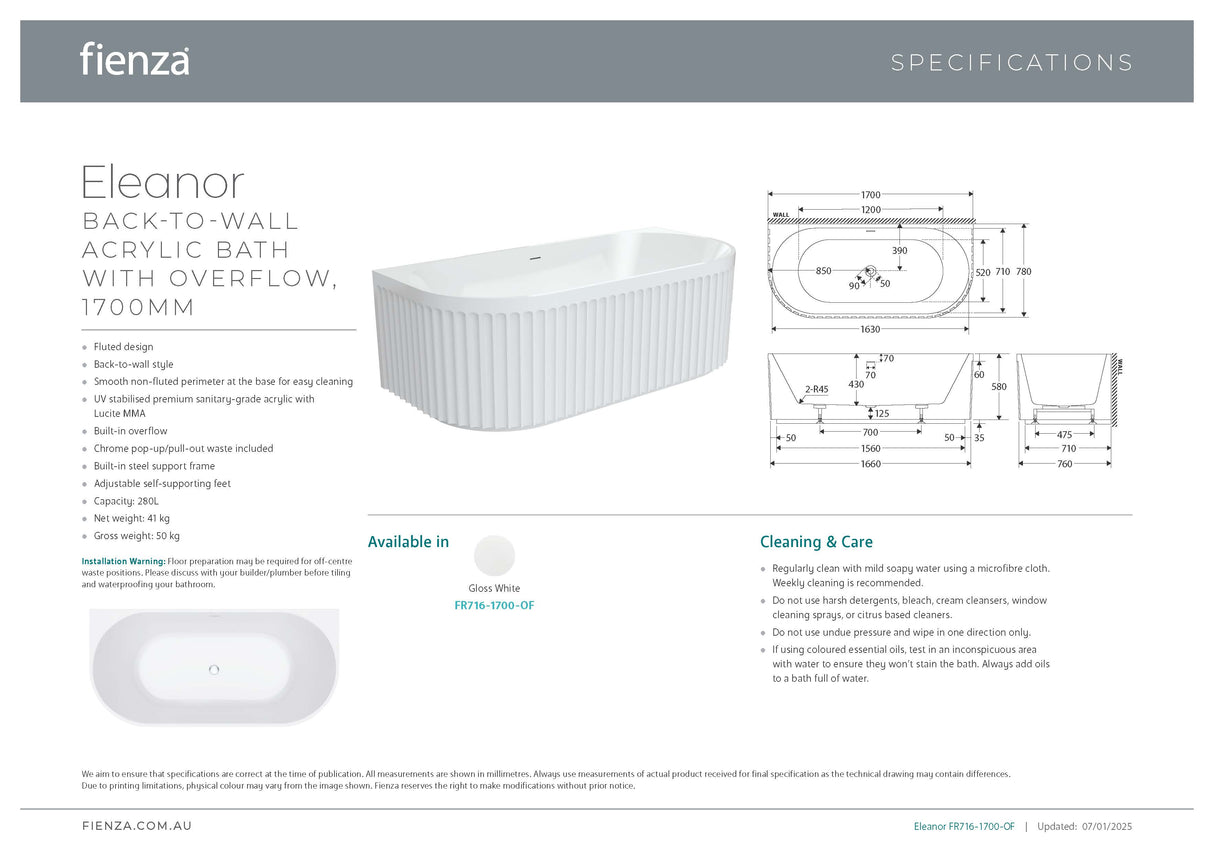 Fienza FR716-1700-OF Eleanor Back-To-Wall Acrylic Bath with Overflow, 1700mm