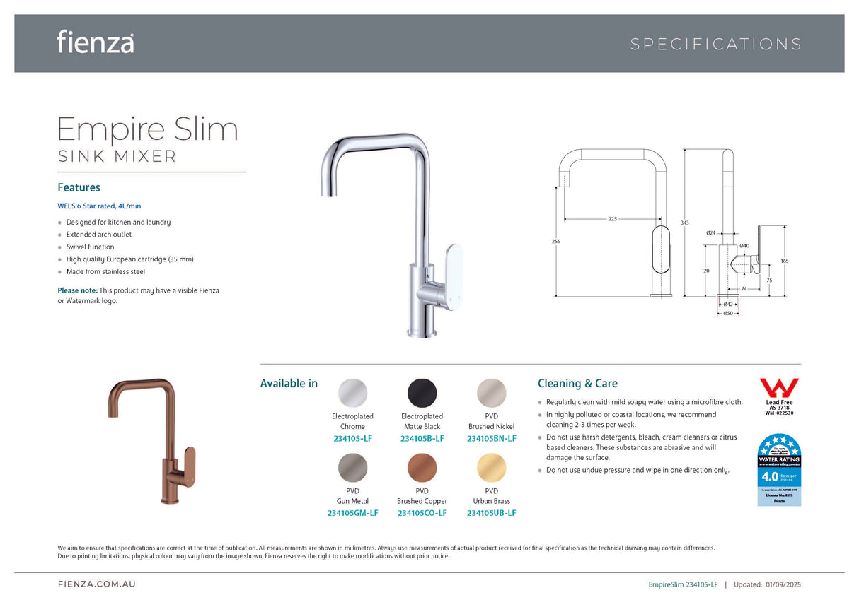 Fienza 234105BN-LF Empire Slim Sink Mixer, Lead Free, Brushed Nickel