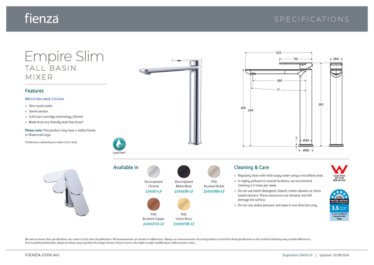 Fienza 234107UB-LF Empire Slim Tall Basin Mixer, Cold Start, Lead Free, Urban Brass
