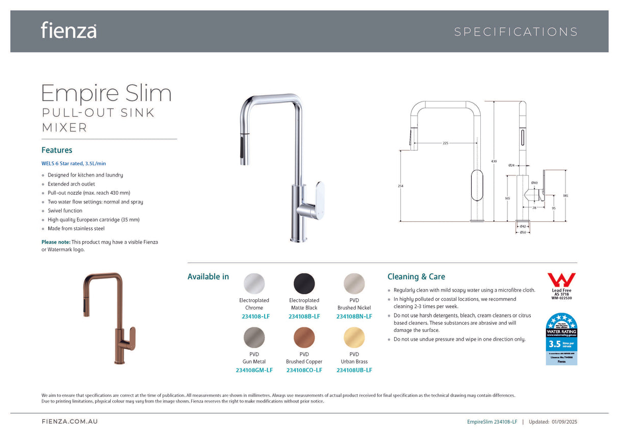 Fienza 234108GM-LF Empire Slim Pull Out Sink Mixer, Lead Free, Gun Metal