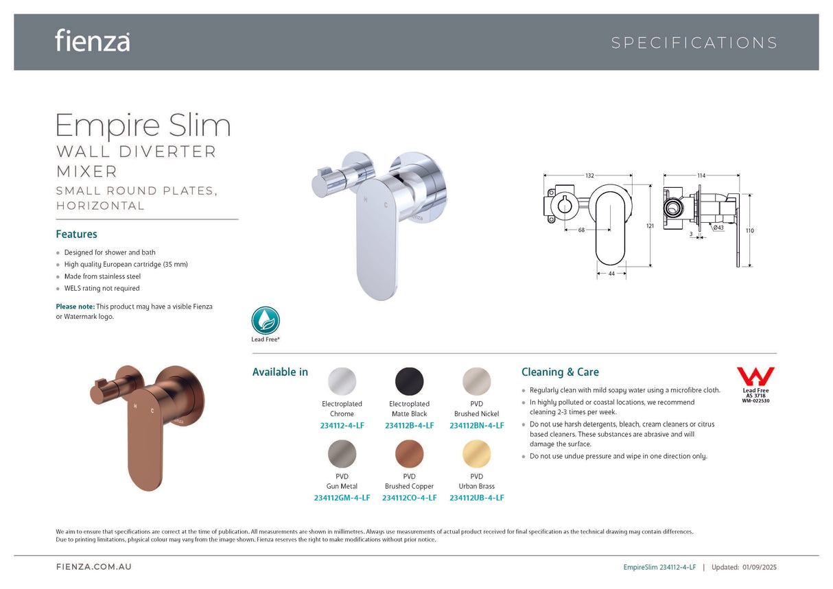 Fienza 234112CO-4-LF Empire Slim Wall Diverter Mixer, Small Round Plates, Horizontal, Lead Free, Brushed Copper