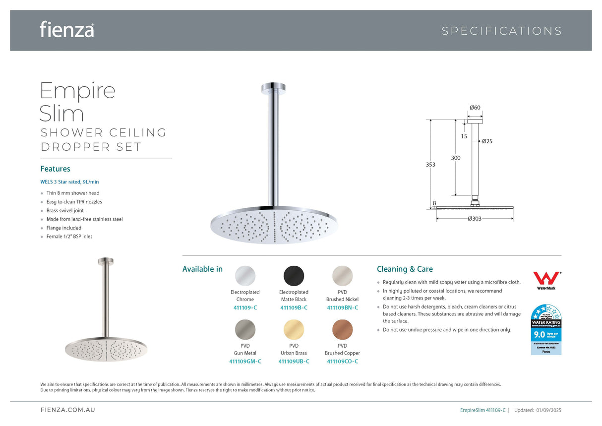 Fienza 411109B-C Empire Slim Shower Ceiling Dropper Set, Matte Black