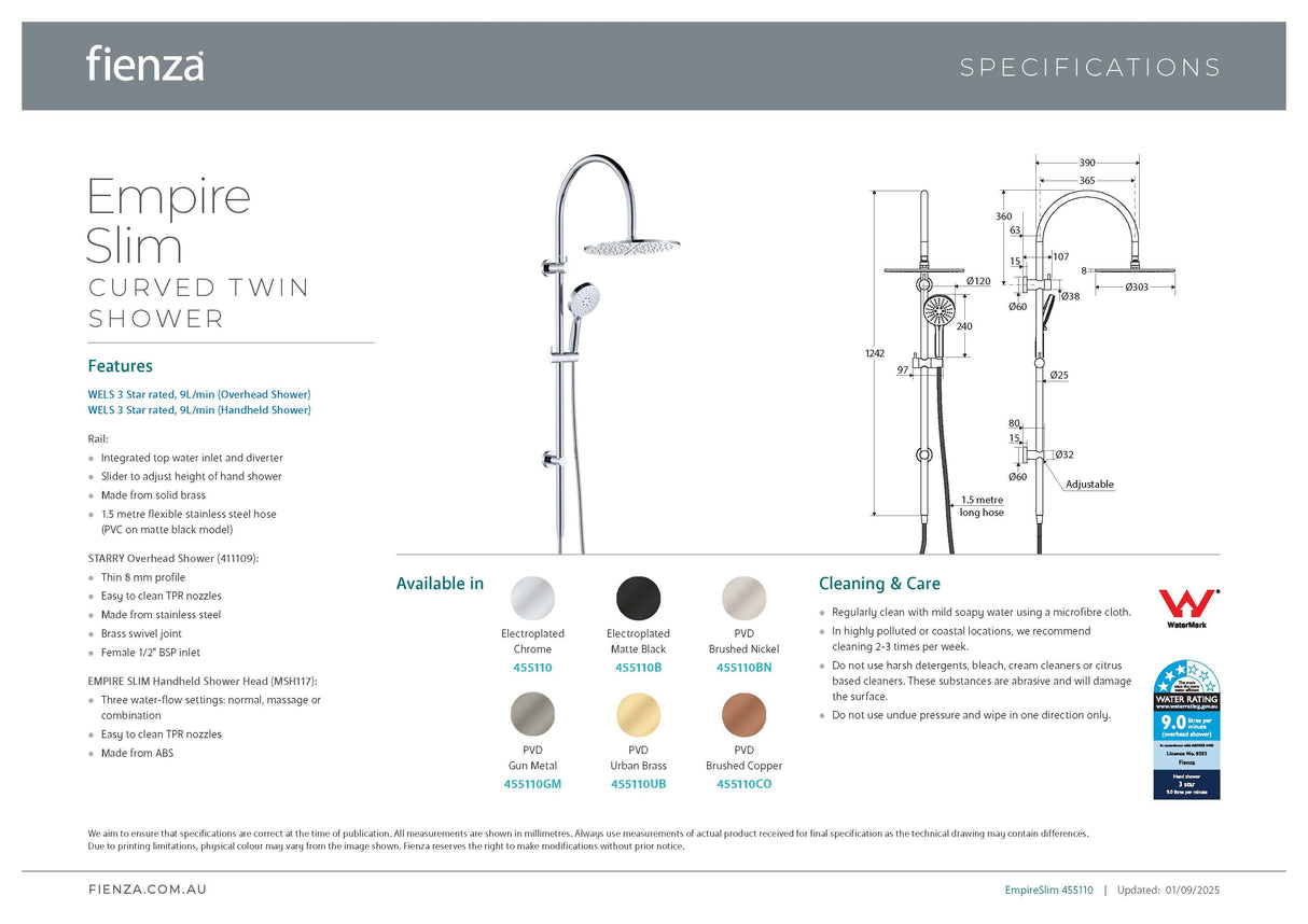 Fienza 455110CO Empire Slim Curved Twin Shower, Brushed Copper