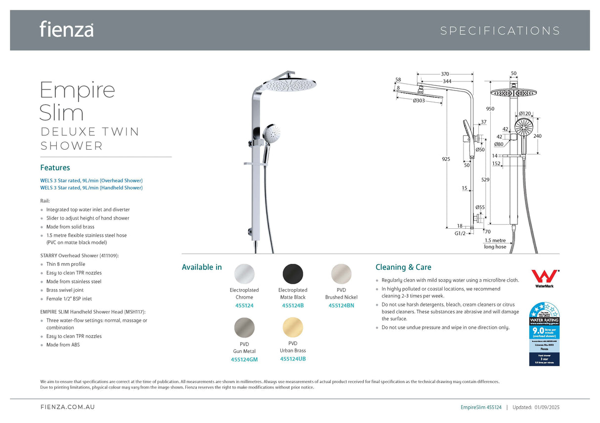 Fienza 455124 Empire Slim Deluxe Twin Shower, Chrome