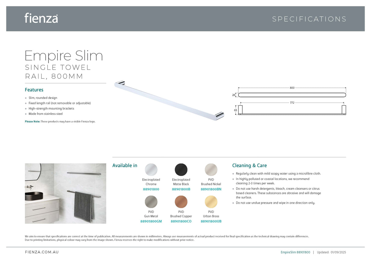 Fienza 88901800 Empire Slim Single Towel Rail, 800mm, Chrome