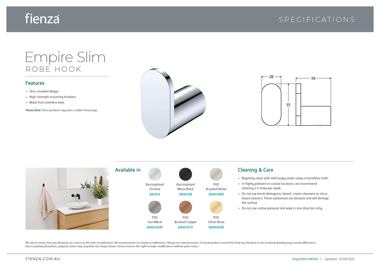 Fienza 88904BN Empire Slim Single Robe Hook, Brushed Nickel