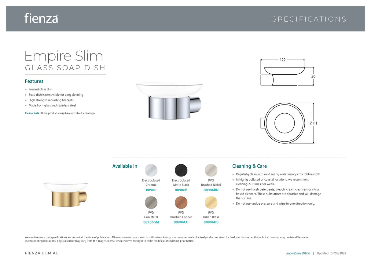 Fienza 88906BN Empire Slim Soap Holder Glass Dish, Brushed Nickel