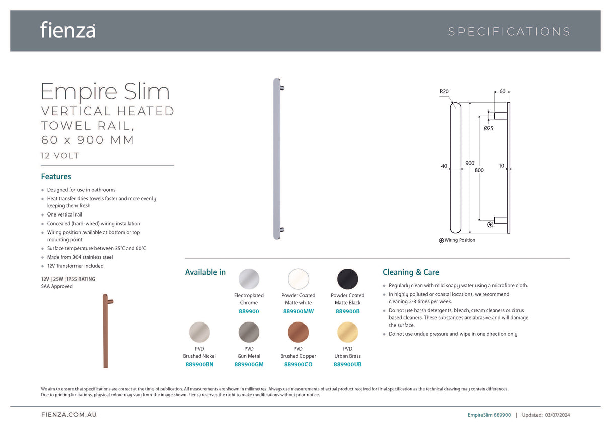 Fienza 889900 Empire Slim Vertical Heated Towel Rail, 12V 900mm, (1 Bar), Chrome