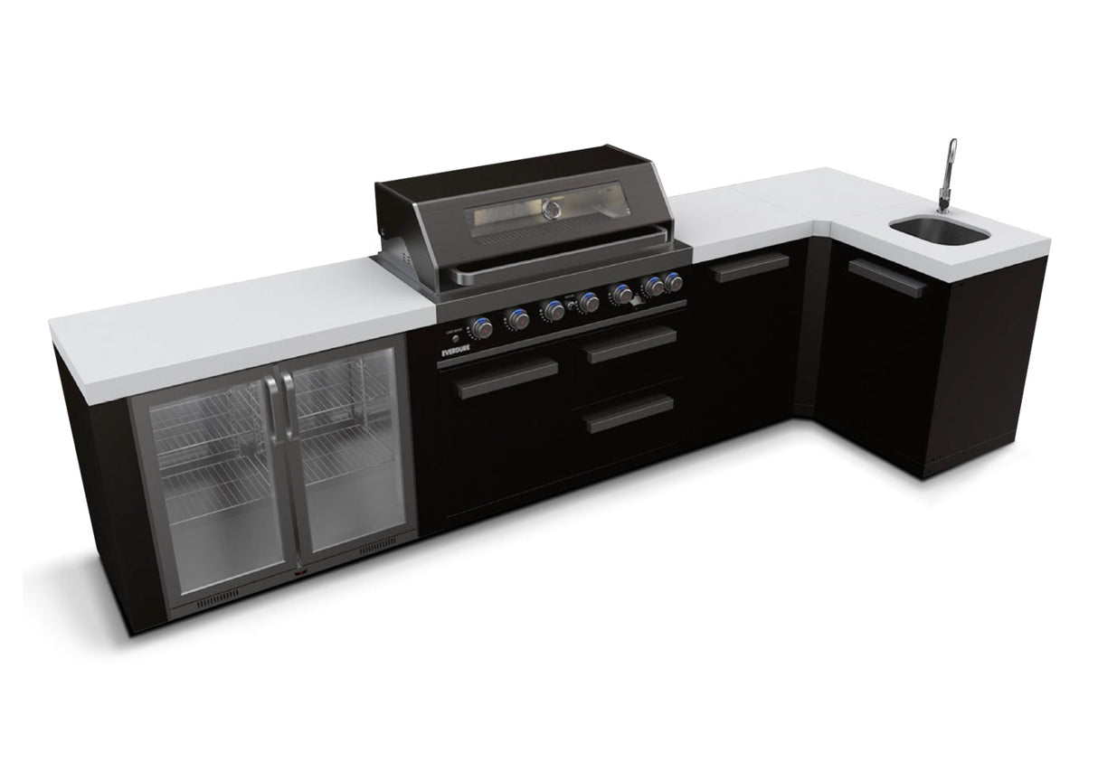 Everdure OS-6BIMLPC-21B+PK-3 Neo Black Outdoor Kitchen with Fridge, Sink & Storage Modules, and Corner Cupboard (Option 3)