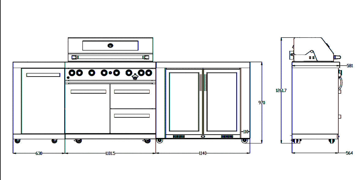Everdure OS-6BIMLPC-21B+PK-5 Neo Black Outdoor Kitchen With BBQ, 208L Double Door Fridge and Storage