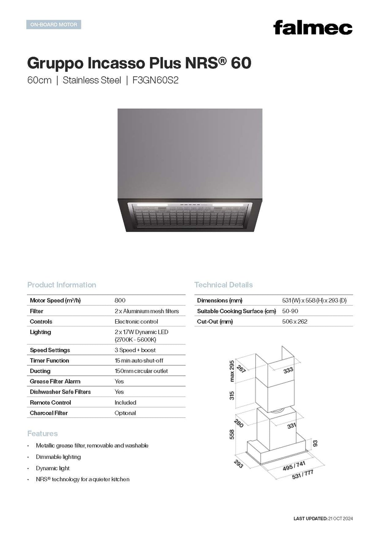 Falmec F3GN60S2 60cm Gruppo Incasso Plus NRS Undermount Rangehood, Stainless Steel, 800m3