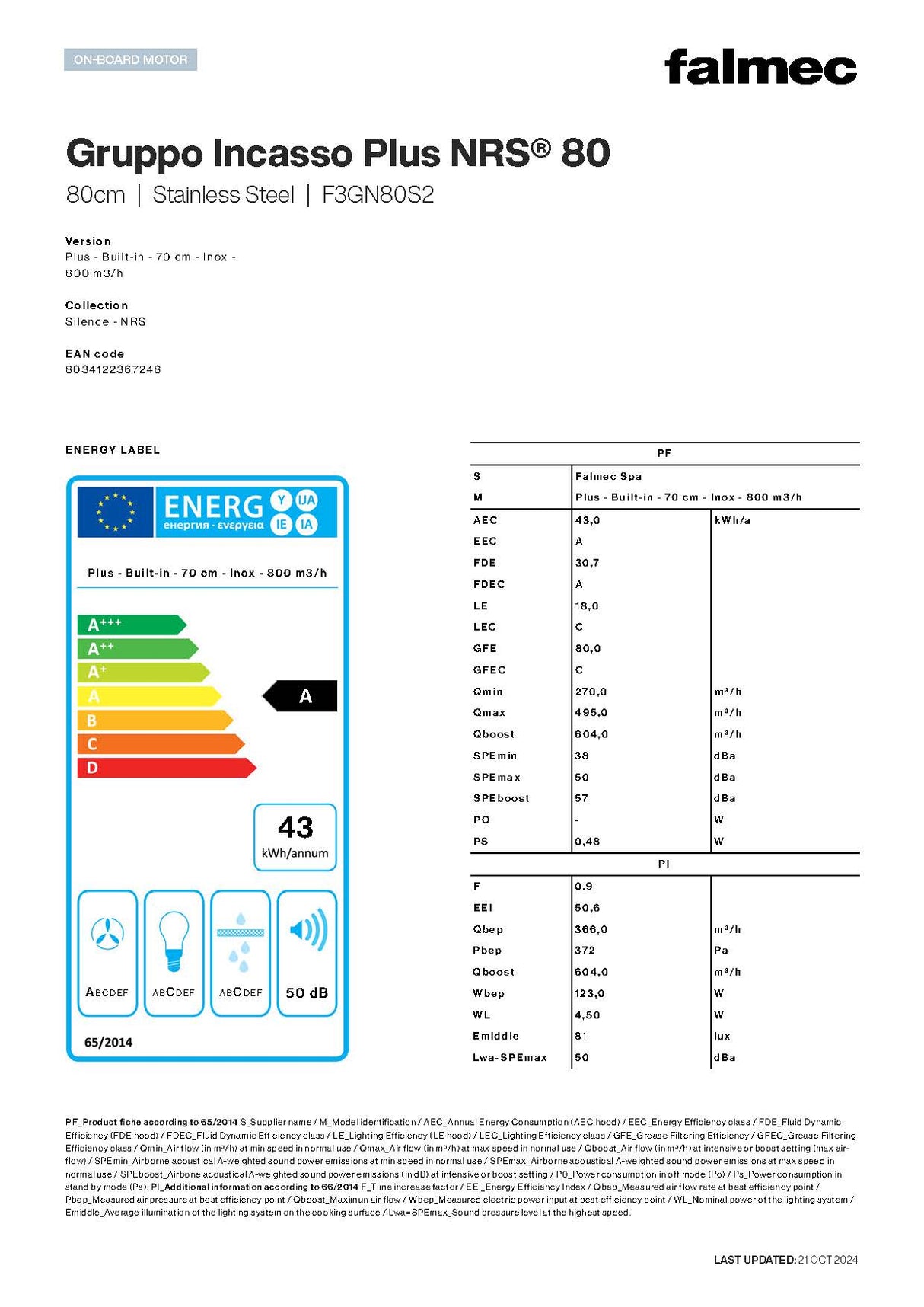 Falmec F3GN80S2 80cm Gruppo Incasso Plus NRS Undermount Rangehood, Stainless Steel, 800m3