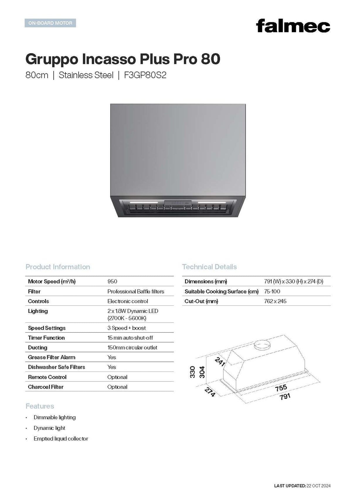 Falmec F3GP80S2 80cm Gruppo Incasso Plus Pro Undermount Rangehood, Stainless Steel, 950m3