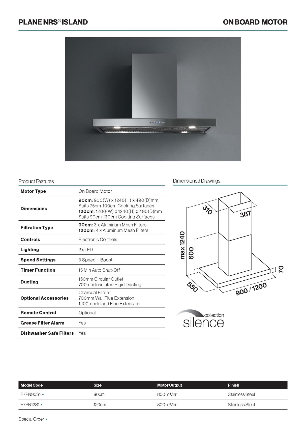 Falmec F7PN90S1 90cm Plane NRS Island Rangehood, 800m3