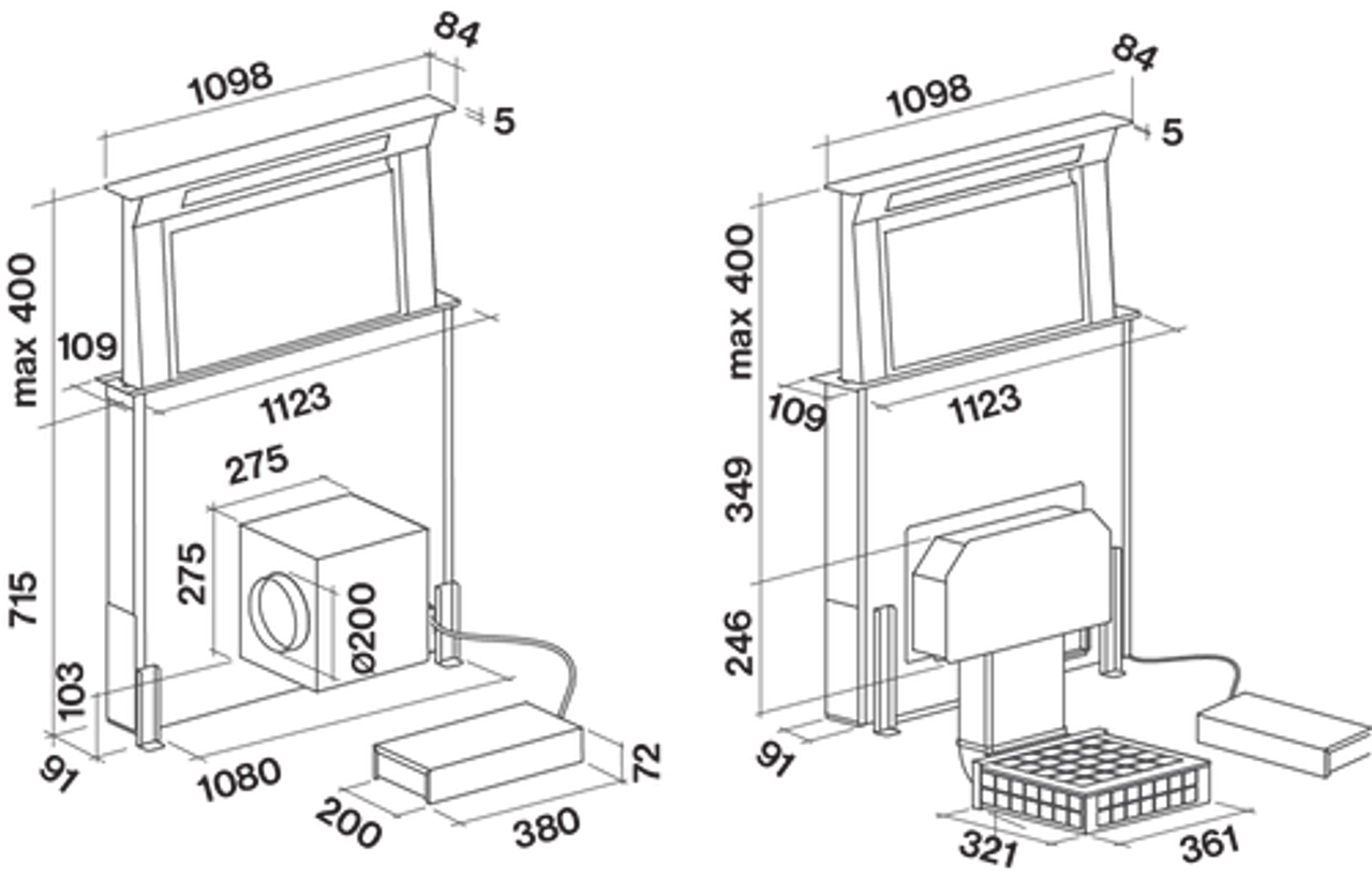 Falmec F8DD12B1-IN1300 120cm Designer Series Downdraft Rangehood with In-line Motor, Stainless Steel & Black Glass