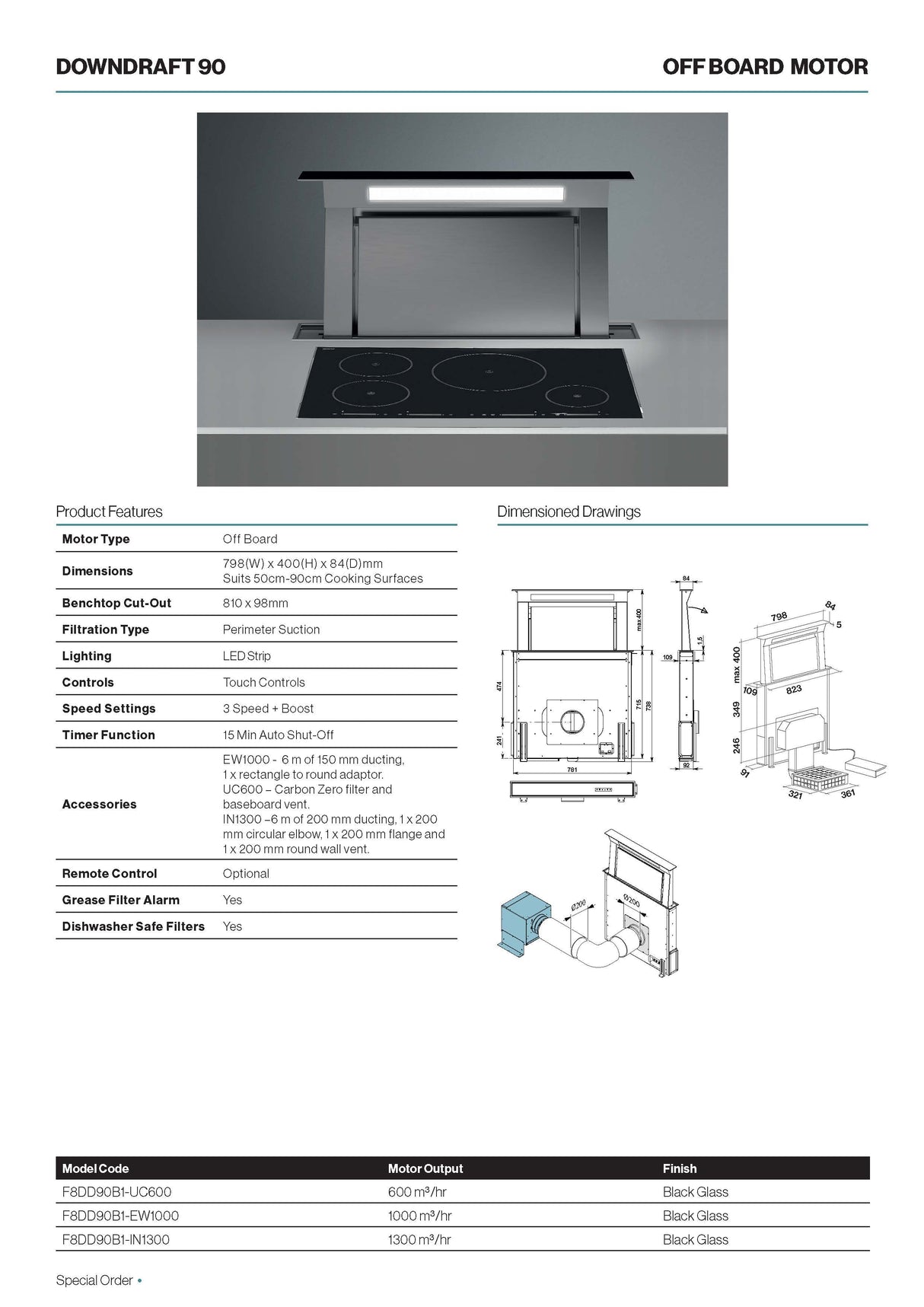 Falmec F8DD90S1-UC600 90cm Designer Series Downdraft Rangehood with In-line Motor, Stainless Steel